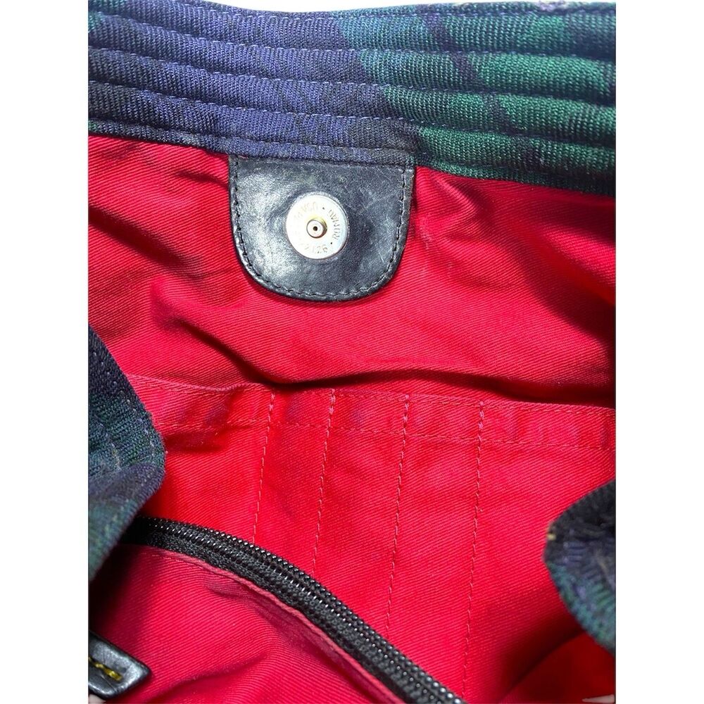 Dooney & Bourke Blackwatch Plaid Wool Tote Green Navy Leather Shoulder Bag - Picture 7 of 10